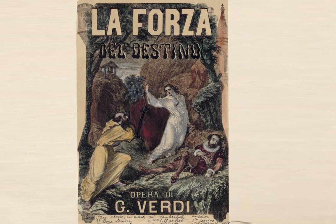 Portada de la partitura de "La fuerza del destino", ilustrada con la tremebunda escena final.