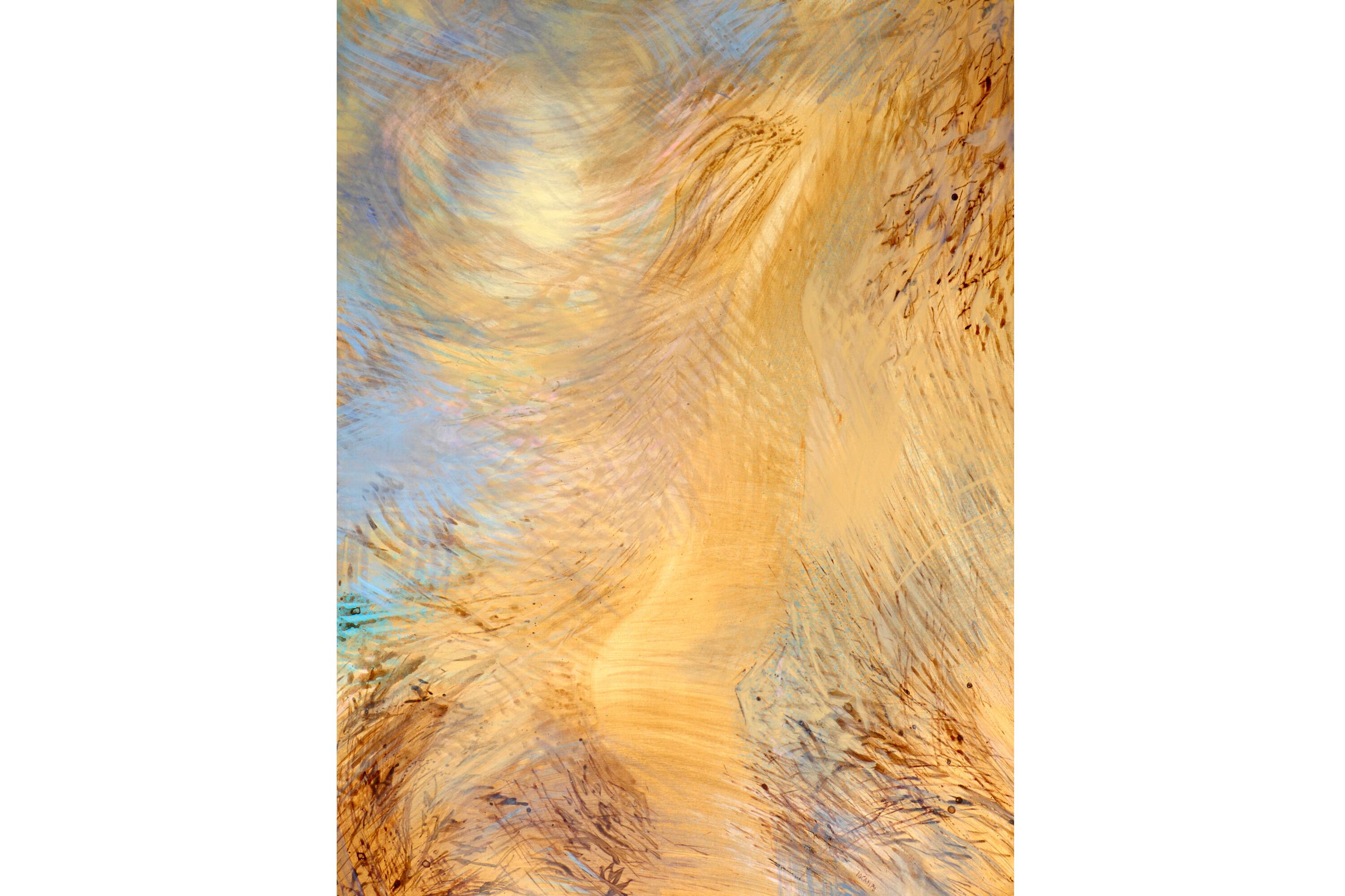 "Destellos de otoño", 1990, de Miguel Ocampo. Acrílico sobre tela, 140 x 105 cm. Abajo: "Allá", 1996, de M.Ocampo. Acrílico sobre tela, 156 x 126 cm.