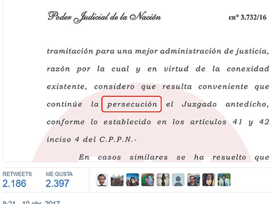 La captura del fallo de Claudio Bonadio que Cristina Kirchner subió a las redes sociales.