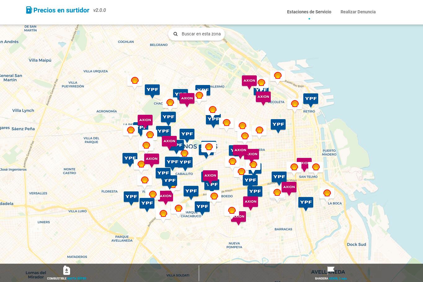 La aplicación muestra el mapa del país con los precios actualizados del combustible. Imagen: Captura "Precios en Surtidor".