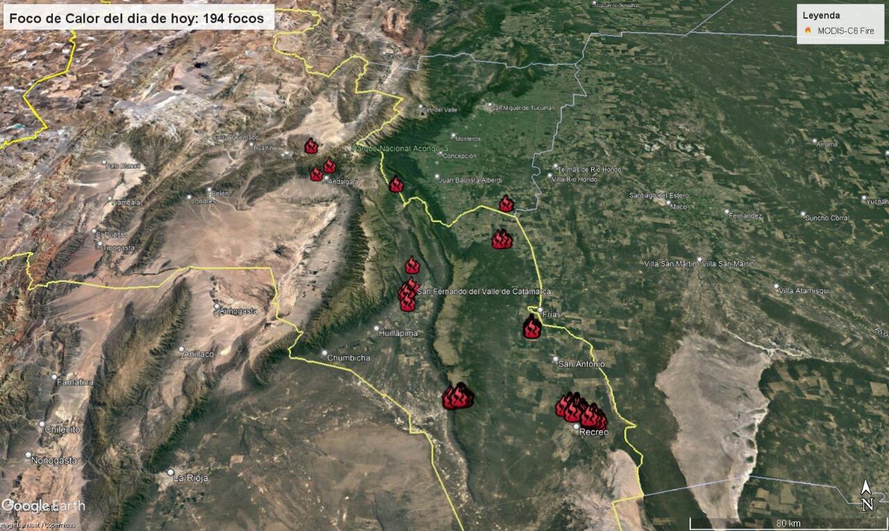 Mapa de la cantidad de incendios registrados ayer.