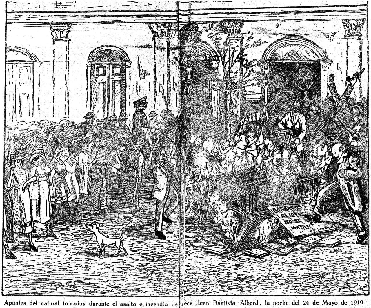 La Liga Patriótica quemando la biblioteca  anarquista de Zárate en la Semana Trágica.