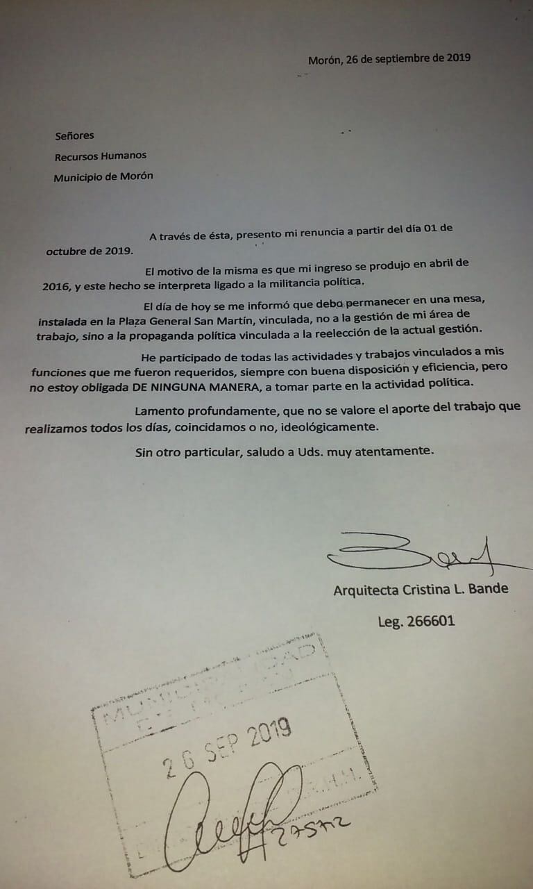 La carta de renuncia de la arquitecta Bande.