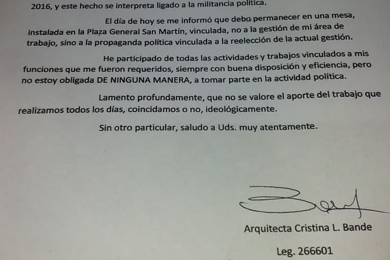 La carta de renuncia de la arquitecta Bande.