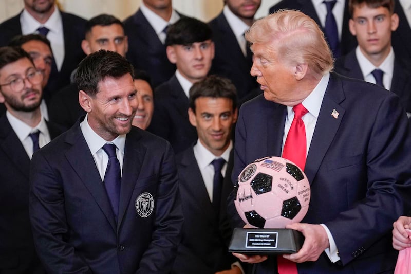 US President Donald J. Trump talks with Lionel Messi (L) of Miami CF during an event honoring 2025 MLS Cup champions Inter Miami CF in the East Room of the White House in Washington, DC, USA, 05 March 2026