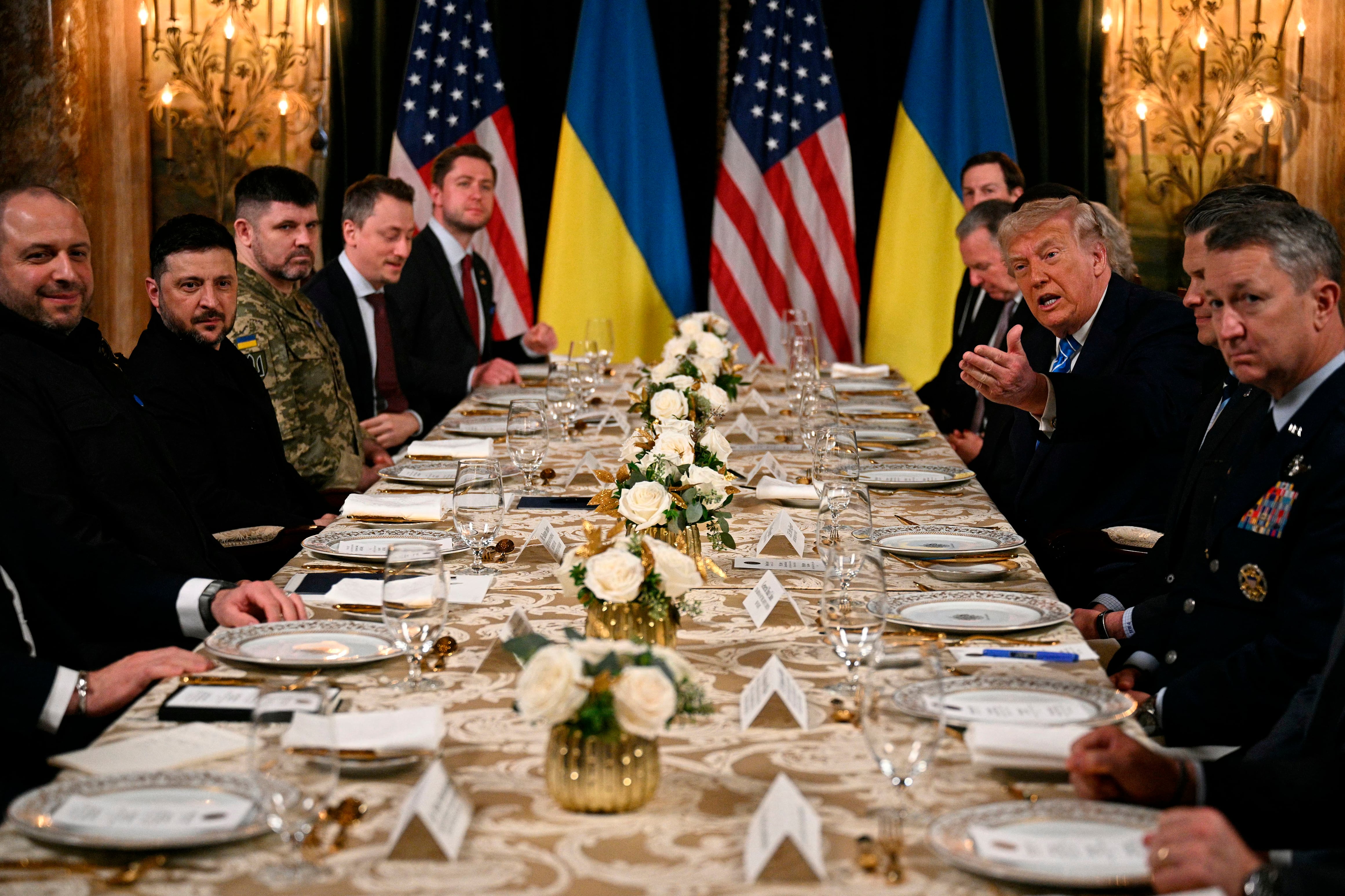 US President Donald Trump meets with Ukranian President Volodymyr Zelensky at his Mar-a-Lago residence in Palm Beach, Florida, on December 28, 2025. (Photo by Jim WATSON / AFP)