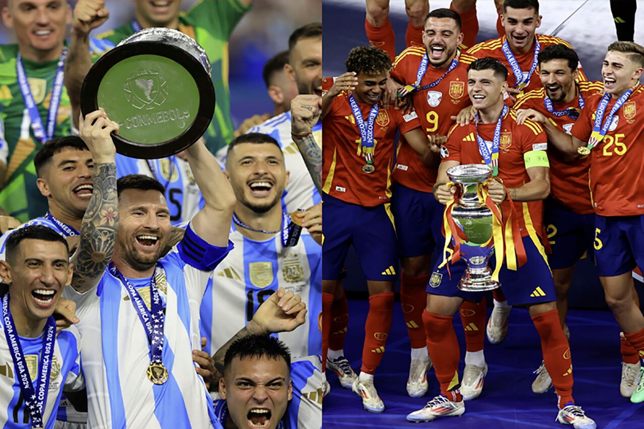 MADRID, 18/12/2025.- La Finalissima que enfrentará a España, como campeona de Europa, y a Argentina, como campeona de América, se jugará finalmente el 27 de marzo en el estadio Lusail de Catar, que acogió la final del último Mundial 2022. La CONMEBOL y la UEFA, junto a la Federación Española de Fútbol (RFEF) y la Asociación Argentina (AFA), confirmaron este jueves la sede y la fecha del encuentro, que empezará a las 21.00 horas locales (19.00h CET/18.00h GMT). Fotografías de archivo de Argentina con la Copa América 2024 (izq), y España levantando el trofeo de la Eurocopa 2024. EFE/Archivo/Cristóbal Herrera/Hannibal Hanschke