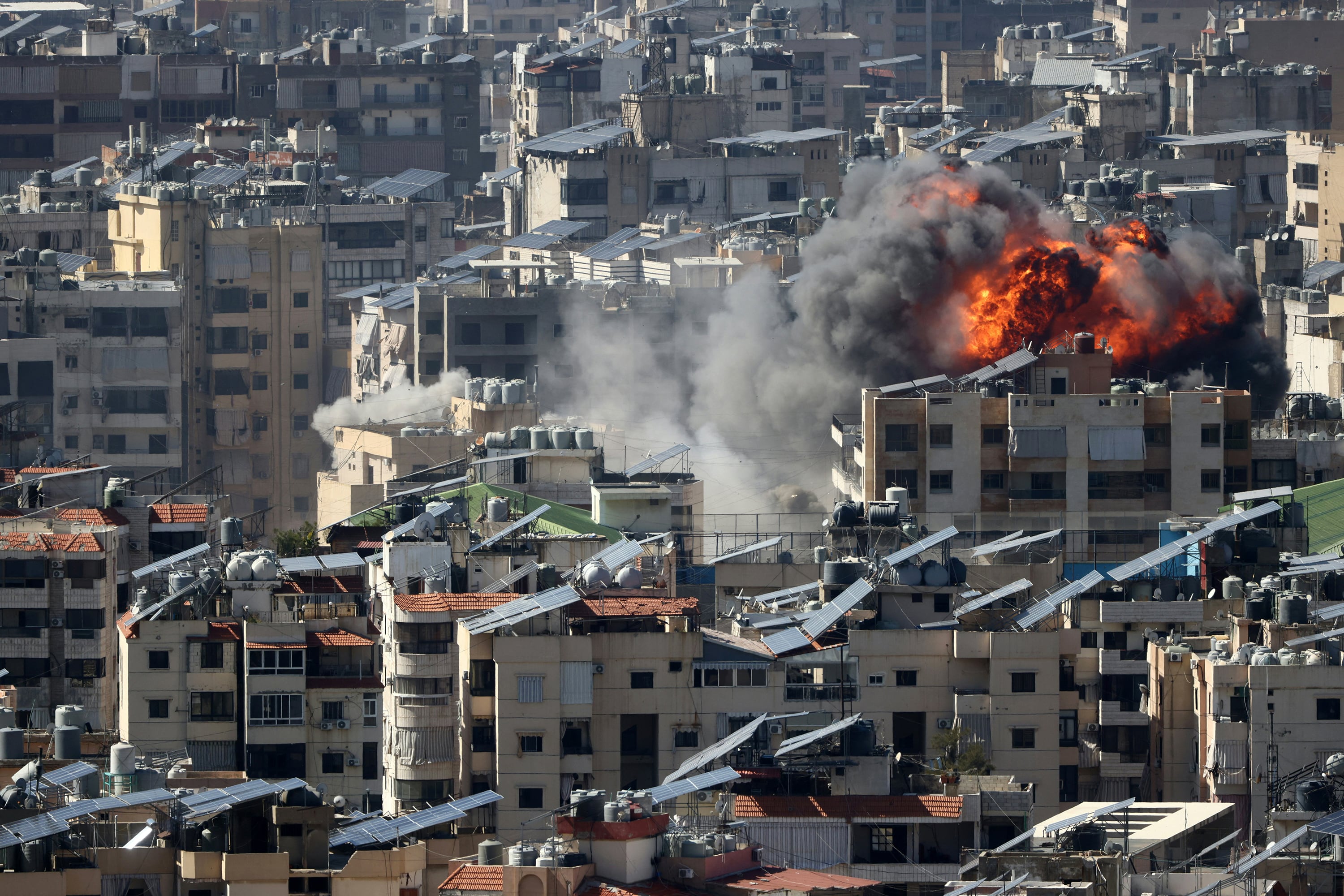 A fireball rises from the site of an Israeli air strike in the southern suburbs of the Lebanese capital Beirut on March 9, 2026.
