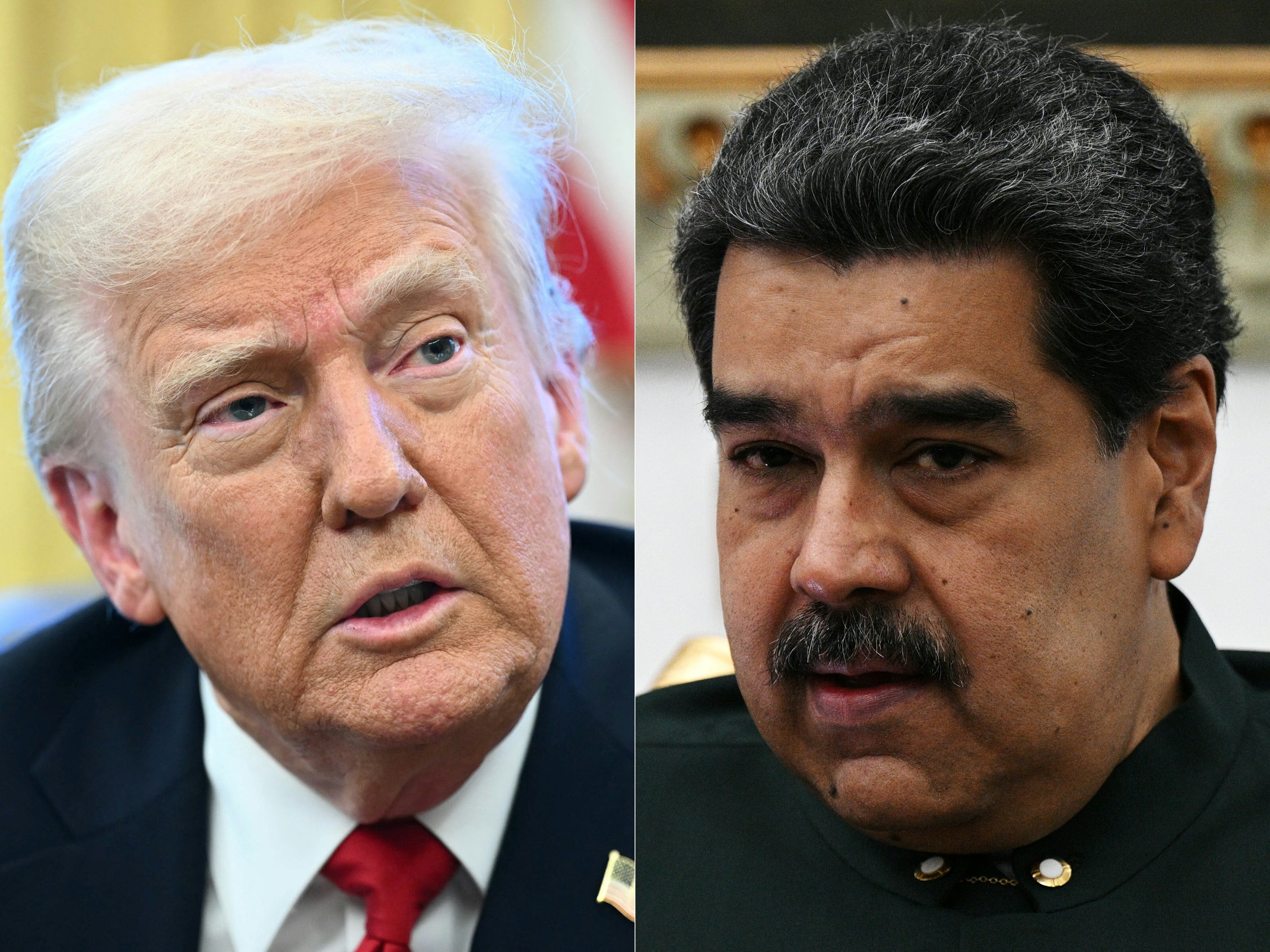 (COMBO) This combination of file pictures created on January 3, 2026 shows (L)
US President Donald Trump announcing tariffs on auto imports in the Oval Office of the White House in Washington, DC, on March 26, 2025 and (R)
Venezuela's President Nicolas Maduro attending a meeting with the Secretary General of the Organization of the Petroleum Exporting Countries (OPEC), Kuwaiti Haitham al-Ghais (out of frame), at the Miraflores presidential palace in Caracas, on September 14, 2022.. Venezuela on January 3, 2026, demanded an emergency meeting of the UN Security Council to discuss the US military strikes on the country, amid uncertainty over the whereabouts of President Nicolas Maduro. (Photo by Mandel NGAN and Federico Parra / AFP)