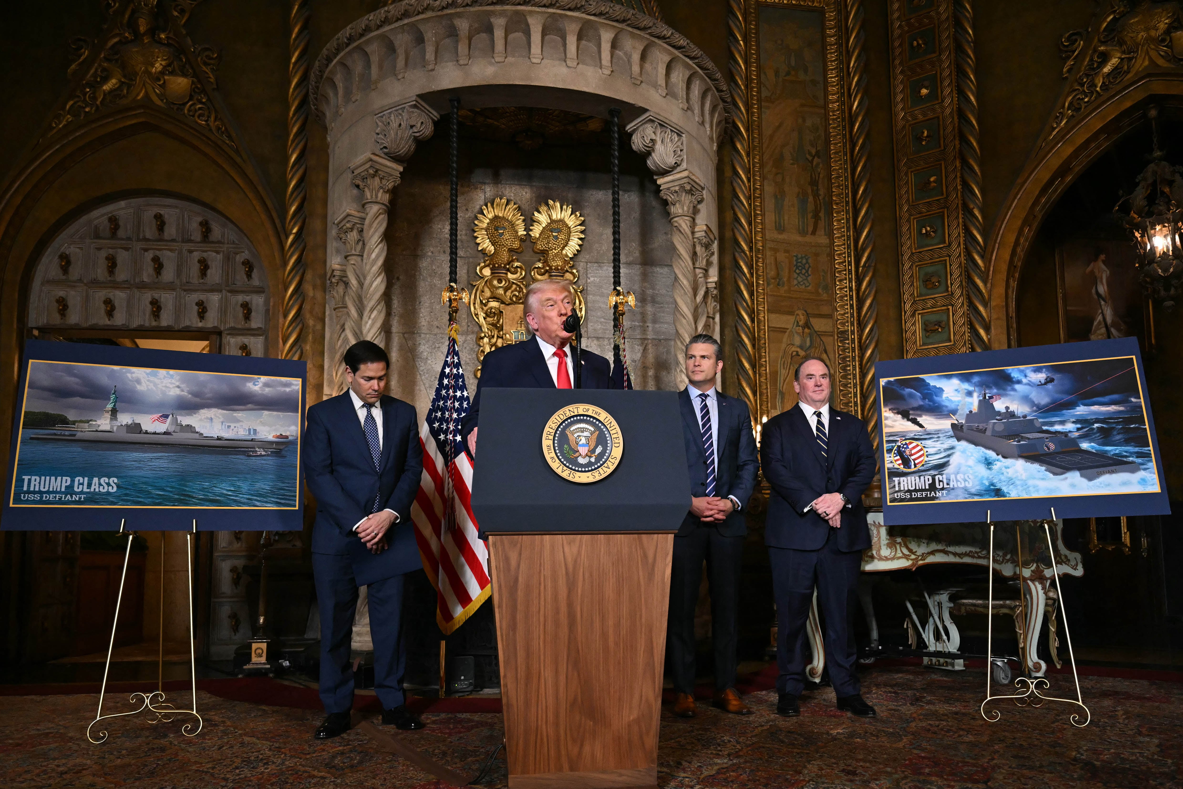 US President Donald Trump announces the US Navy’s new Golden Fleet initiative, unveiling a new class of frigates, at Mar-a-Lago in Palm Beach, Florida, on December 22, 2025. (Photo by ANDREW CABALLERO-REYNOLDS / AFP)
