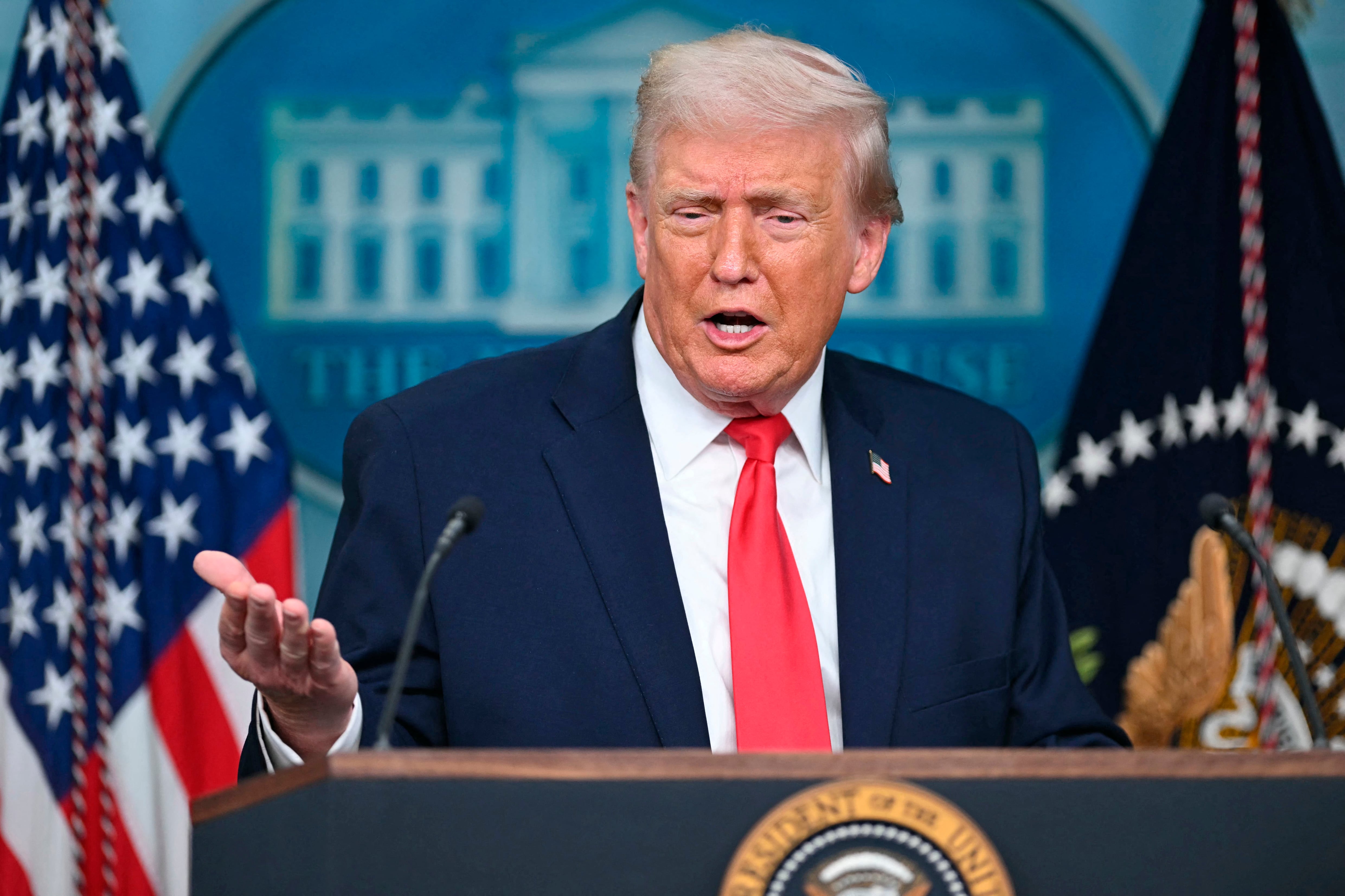 US President Donald Trump speaks during a briefing in the Brady Briefing Room of the White House in Washington, DC, on January 20, 2026. US President Donald Trump on Tuesday expressed frustration that his message on the economy was "not getting across," blaming his spokespeople for the issue. (Photo by SAUL LOEB / AFP)
