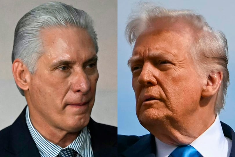 (COMBO) This combination of pictures created on January 11, 2026 shows Cuba's President and First Secretary Miguel Diaz-Canel (L) before a family photo during the BRICS summit in Rio de Janeiro, Brazil, on July 7, 2025; and US President Donald Trump as he boards Air Force One before travelling to South Korea, at Haneda Airport in Tokyo on October 29, 2025. US President Donald Trump urged Cuba on January 11, 2026 to "make a deal before it's too late" or face unspecified consequences, warning that the flow of Venezuelan oil and money to Havana would now stop. (Photo by Mauro PIMENTEL and ANDREW CABALLERO-REYNOLDS / AFP)