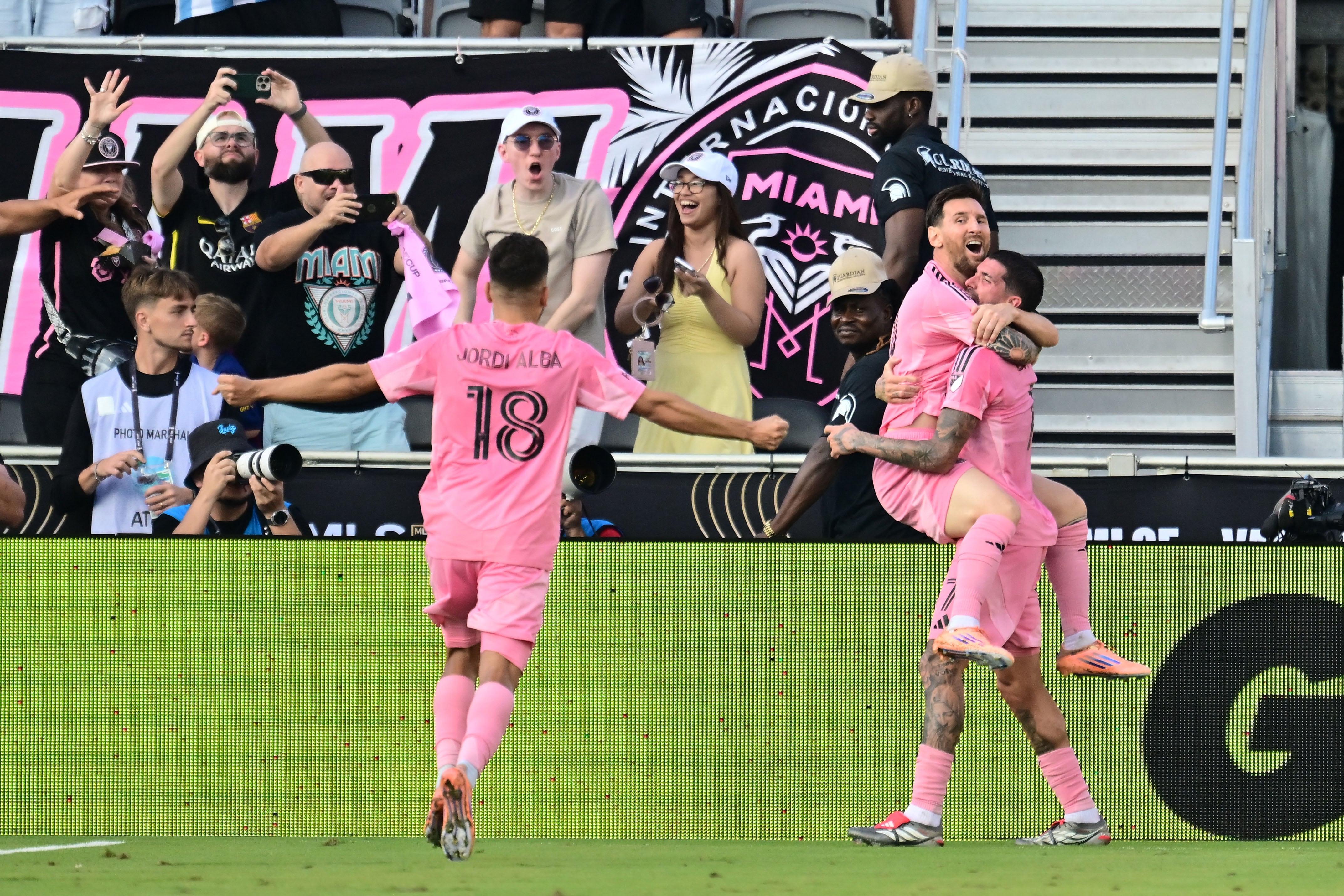 FORT LAUDERDALE, FLORIDA - DECEMBER 06: Rodrigo De Paul #7 of Inter Miami CF celebrates with teammate Lionel Messi #10 after scoring the team's second goal during the Audi 2025 MLS Cup Final match between Inter Miami CF and Vancouver Whitecaps FC at Chase Stadium on December 06, 2025 in Fort Lauderdale, Florida. Julio Aguilar/Getty Images/AFP (Photo by Julio Aguilar / GETTY IMAGES NORTH AMERICA / Getty Images via AFP)