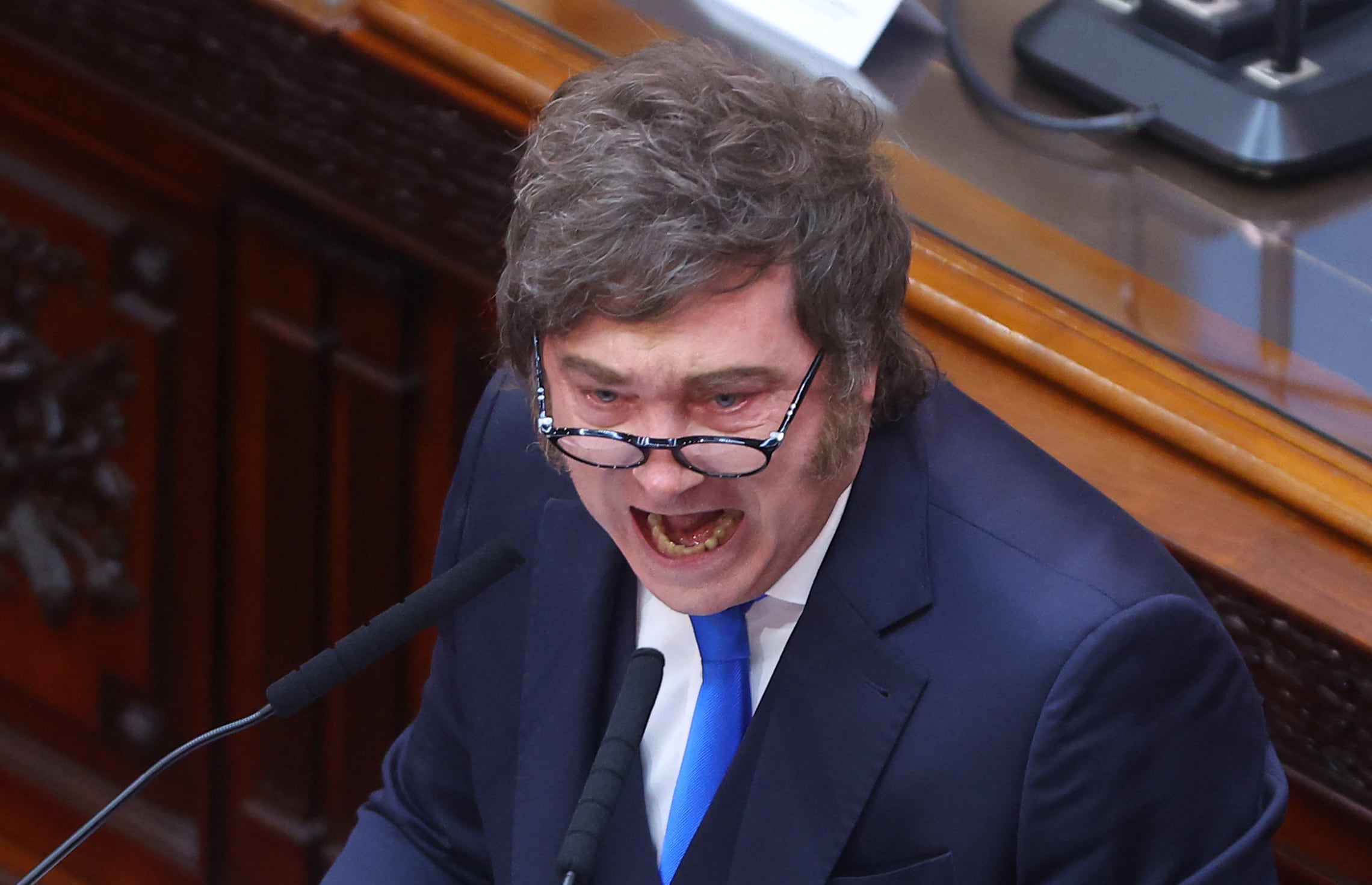 Argentina's President Javier Milei speaks during his annual speech to parliament ahead of the inauguration of the 144th ordinary session of Congress