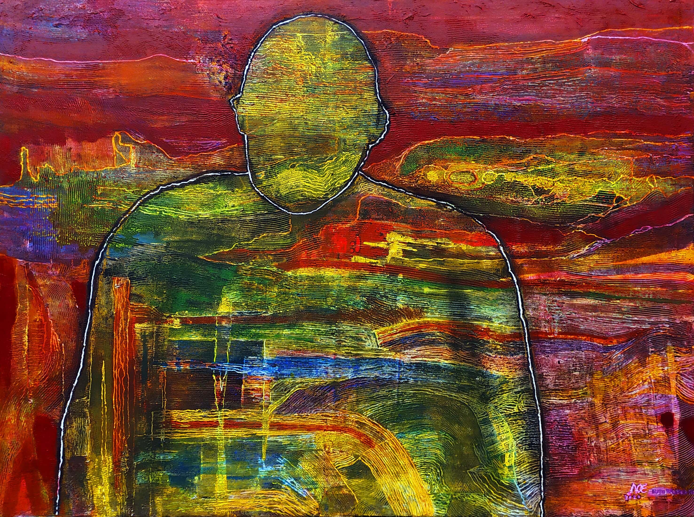 Autorretrato, de Luis Felipe Noé, 2020; 90 x 120 cm; acrílico, tinta y pastel sobre tela. Abajo: "A cara tapada", de Noé, 2020; 127 x 109,5 cm. (detalle).