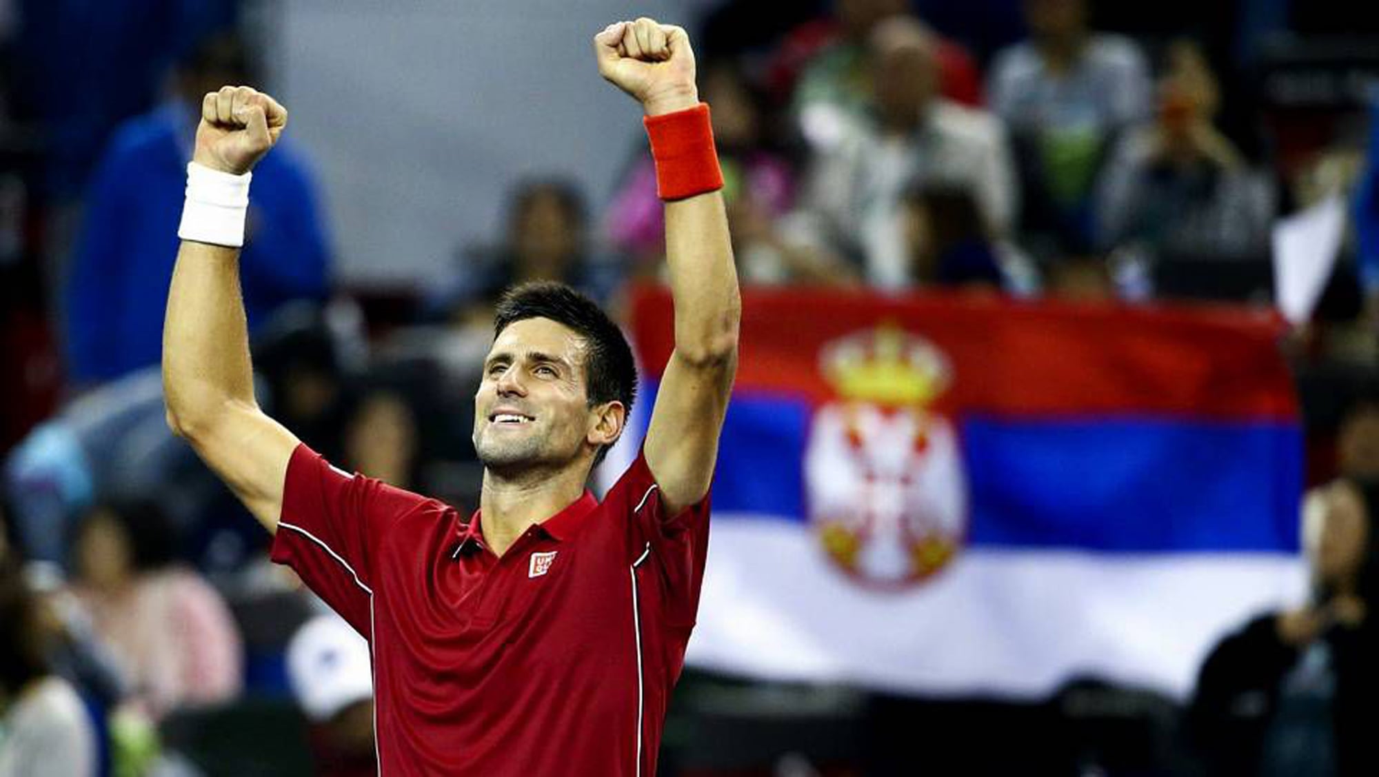 Djokovic festeja, con la bandera serbia de fondo.