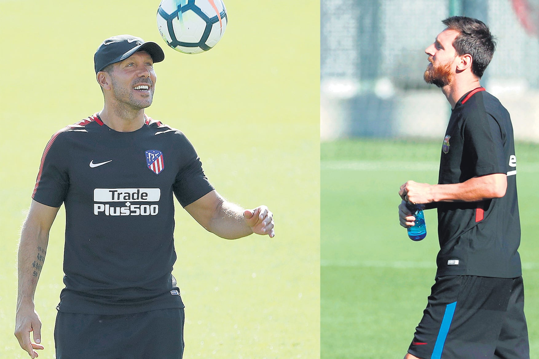Diego Simeone, DT del Atlético de Madrid, y Lionel Messi, crack del Barça.