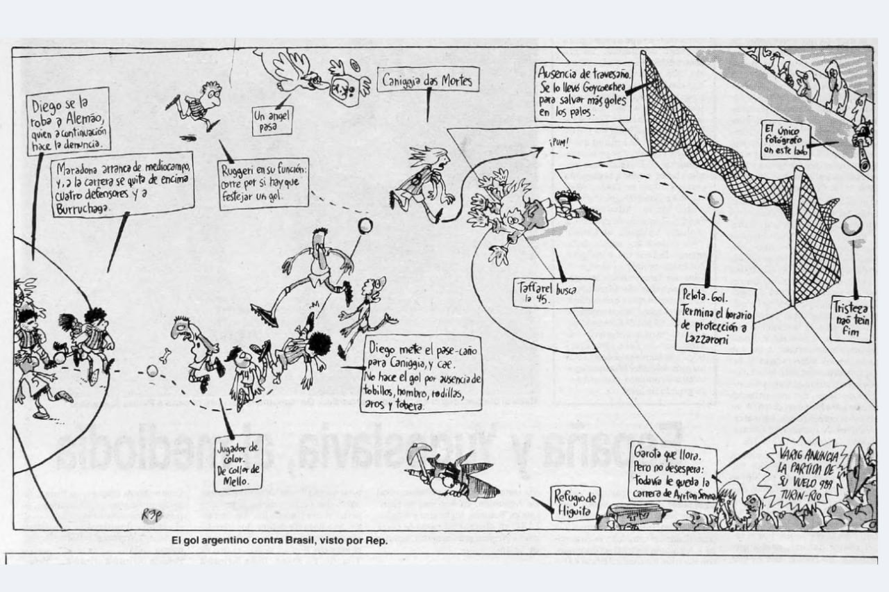 El dibujo de Rep del gol de Caniggia a Brasil. 