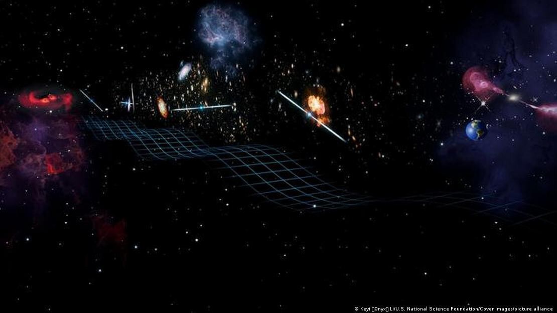 Una representación de las ondas gravitacionales procedentes de un par de agujeros negros en órbita cercana. Imagen: US Nation Science