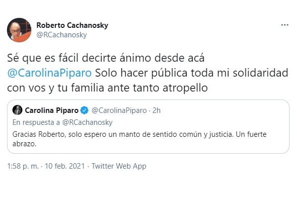 El tuit en apoyo de Píparo que Cachanosky después borró. 