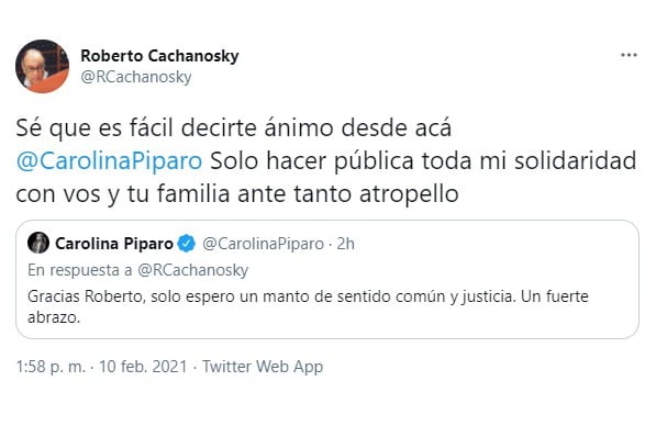 El tuit en apoyo de Píparo que Cachanosky después borró.