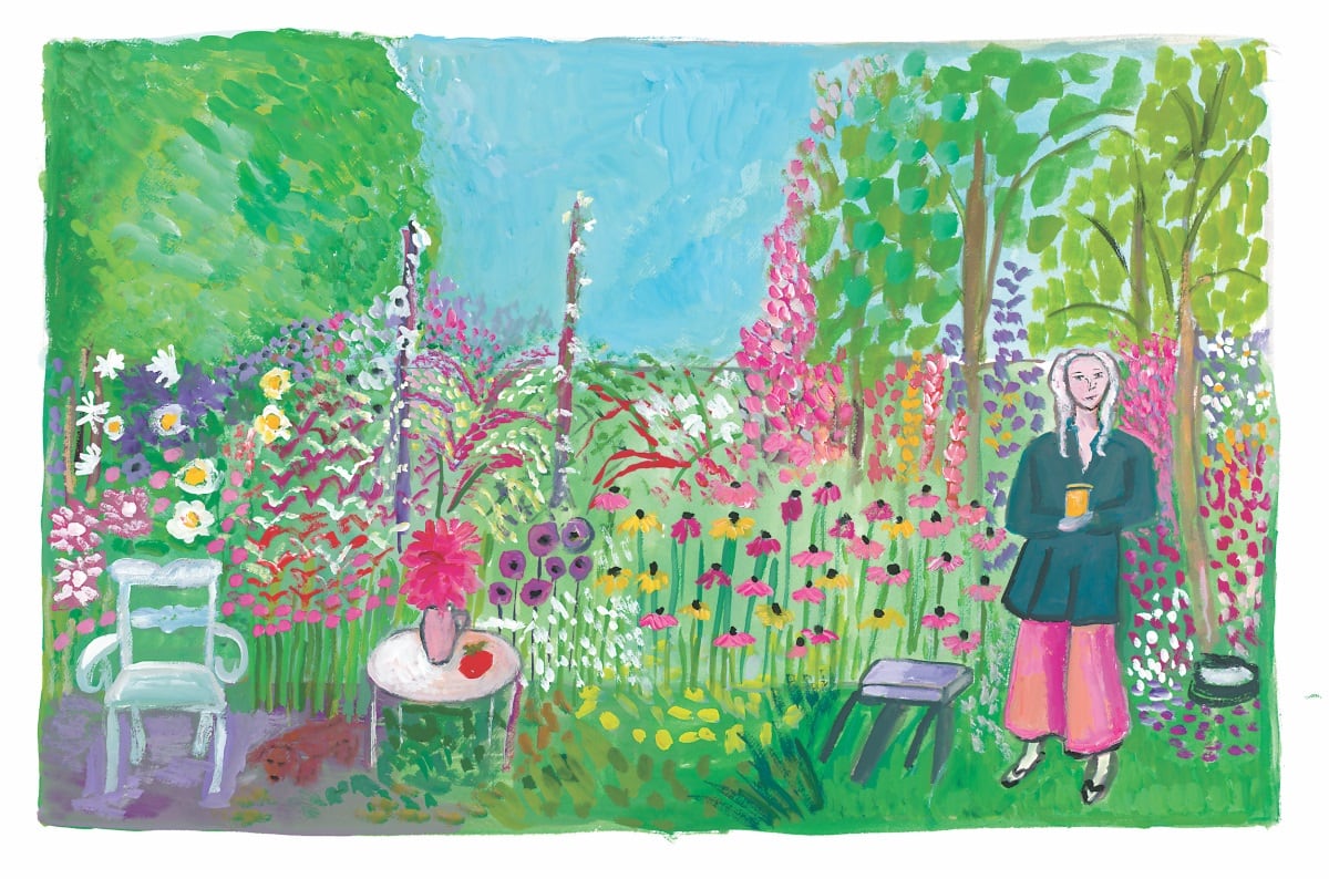 Kiki Smith Holding Honey in her Garden, de la serie Women Holding Things, por Maira Kalman