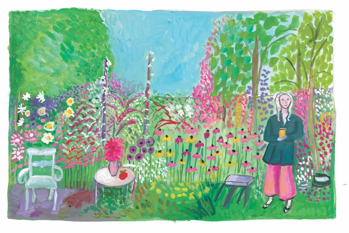 Kiki Smith Holding Honey in her Garden, de la serie Women Holding Things, por Maira Kalman
