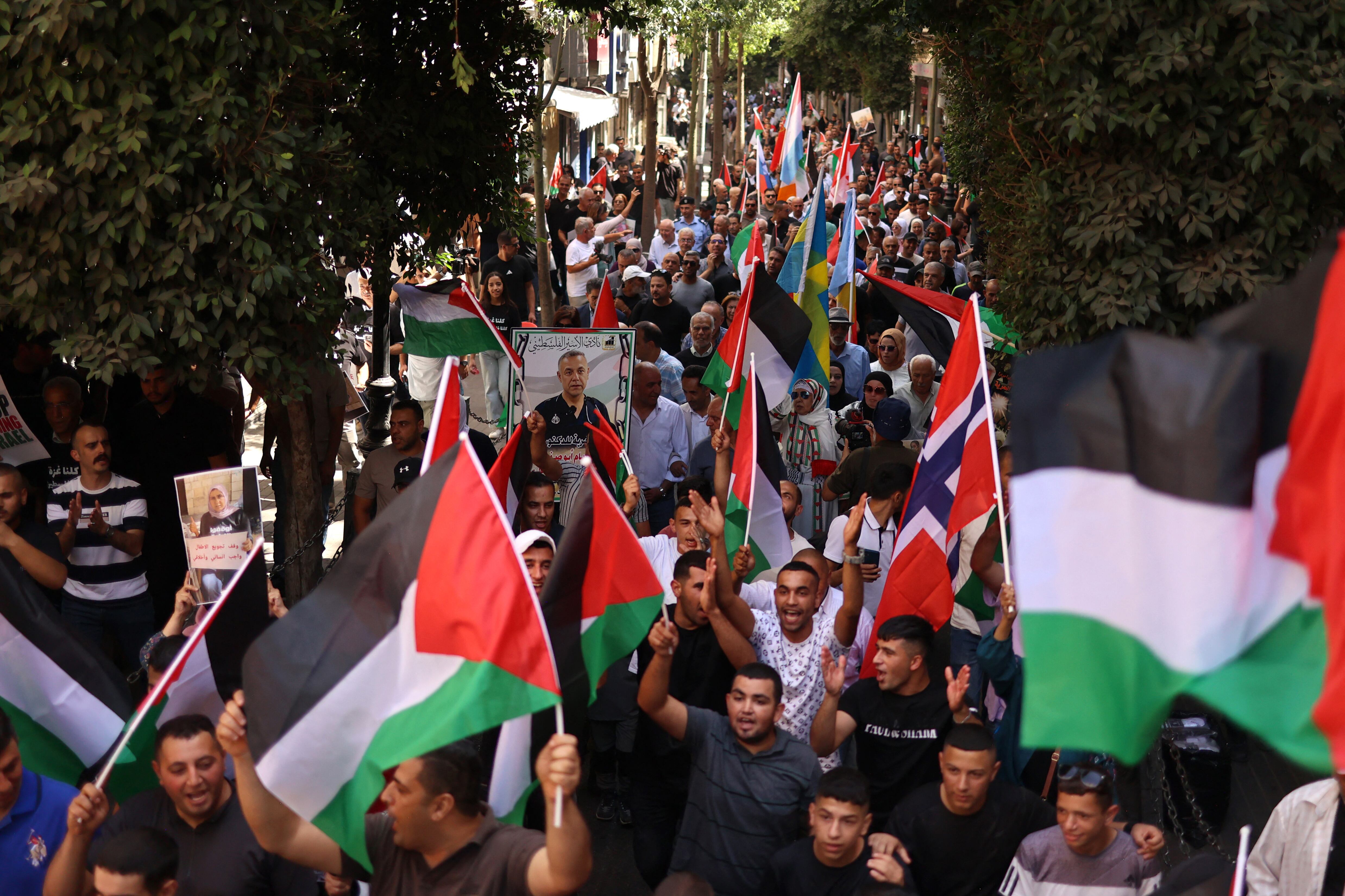 Manifestación propalestina en Ramalá, Cisjordania,