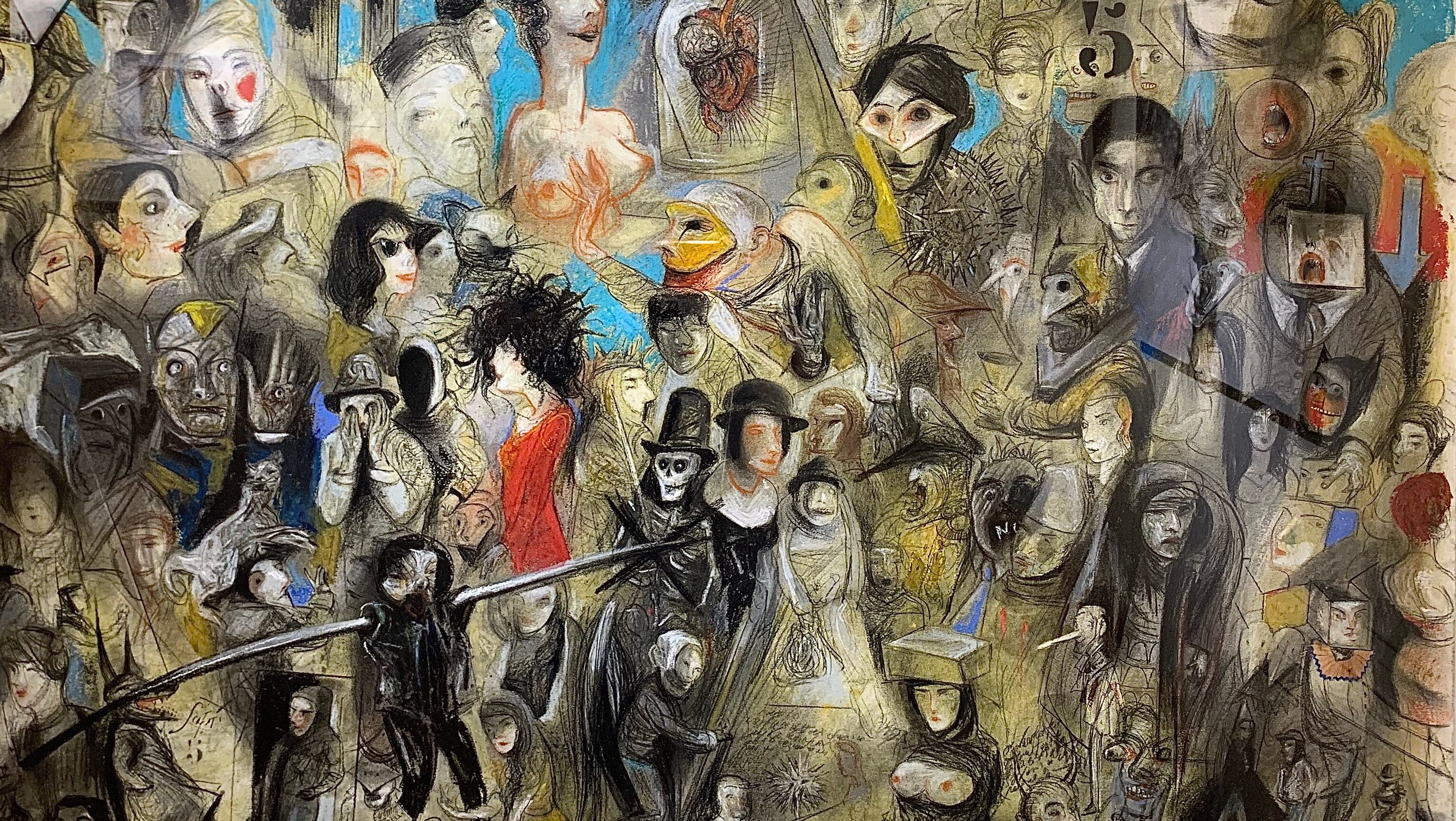 Babel (detalle), de Luis Scafati. Abajo: El actor melancólico, serie de M. Vicente