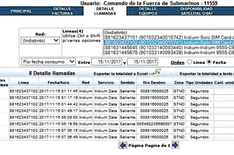La planilla con el detalle de las llamadas que envió Tesacom a la Armada Argentina.