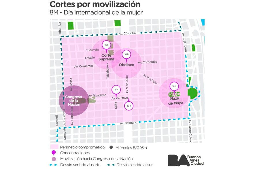 Todos los cortes de tránsito previstos en la ciudad de Buenos Aires por las marchas por el Día Internacional de la Mujer.