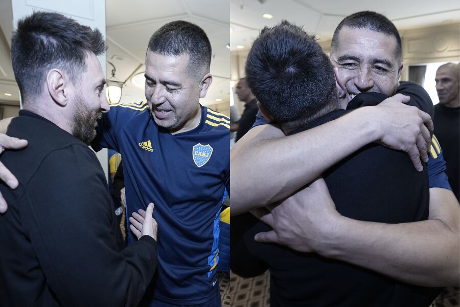 El abrazo entre Juan Román Riquelme y Lionel Messi en el Hotel Intercontinental en la previa de la despedida del exBoca.