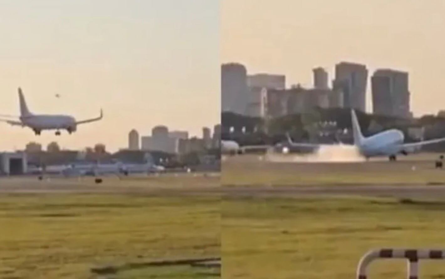 En las imágenes difundidas en las redes sociales, se puede ver como el avión aterriza en una de las pistas del aeropuerto porteño, impactando fuertemente contra el suelo.  