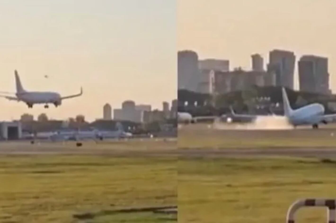 En las imágenes difundidas en las redes sociales, se puede ver como el avión aterriza en una de las pistas del aeropuerto porteño, impactando fuertemente contra el suelo.