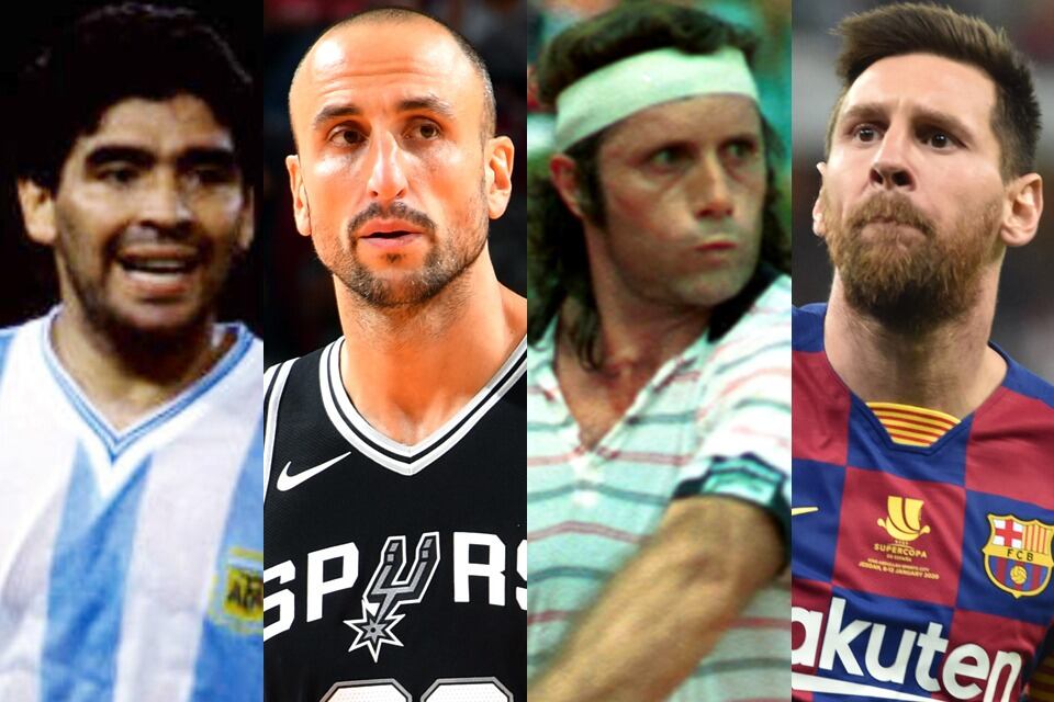 Maradona, Ginóbili, Vilas y Messi, grandes del deporte argentino.