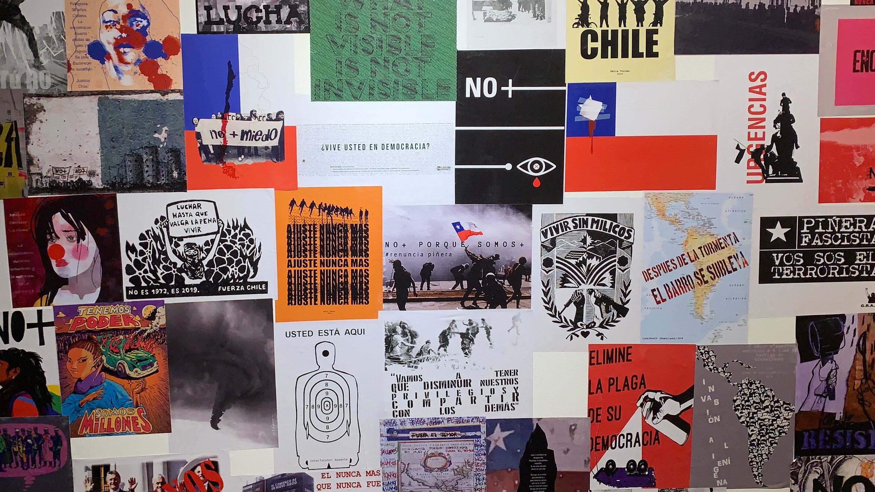 Detalle del conjunto gráfico dedicado a las situación en Chile. Abajo: Obra de Colectiva enredadera.