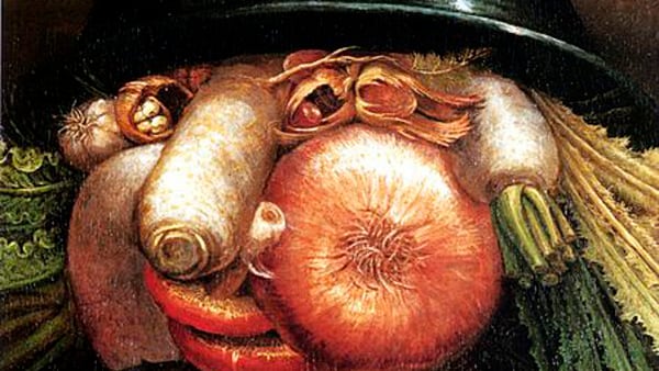 Recorte de una pintura de Giuseppe Arcimboldo. Figuras construidas con frutas y verduras.
