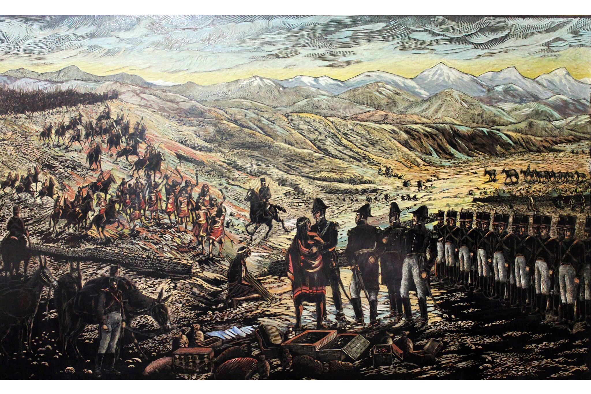 Grabado de Karl Noisternigg del encuentro de San Martín con los pehuenches.