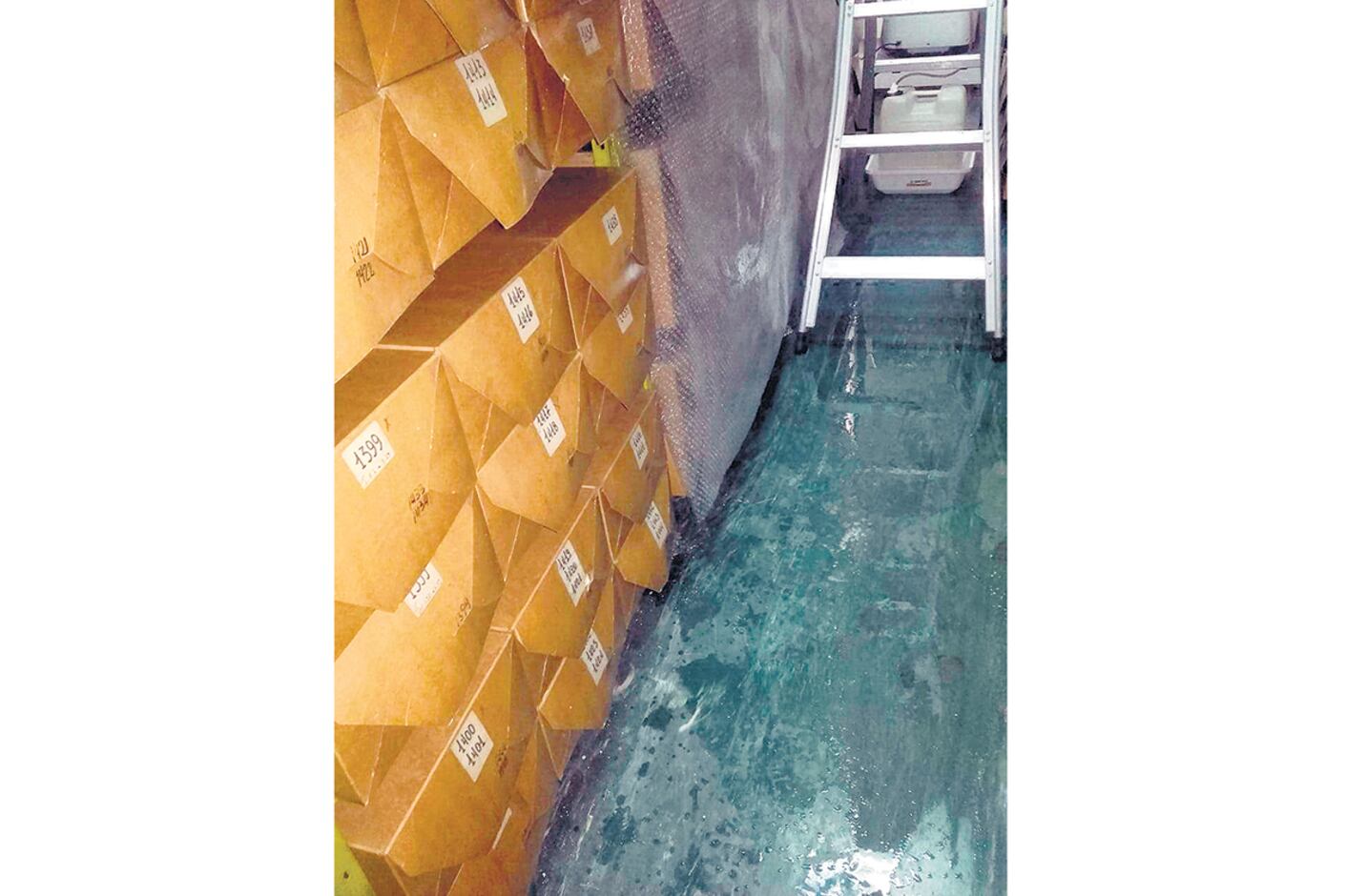 Los empleados pusieron plástico para que el agua no siguiera afectando las cajas con fotos.