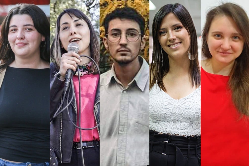 Brenda Vargas Matyi, Cecilia Barrios, Thiago Galván, Sofía Haudet y Natalia Motyl, cinco de les candidates más jóvenes de las PASO 2021.