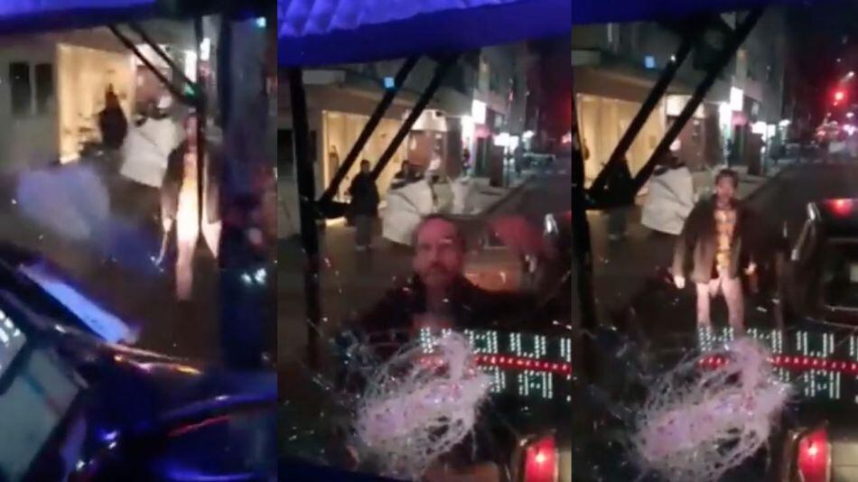 El hombre rompió el parabrisas de un colectivo de la línea 109 en Recoleta. Imagen: Captura. 