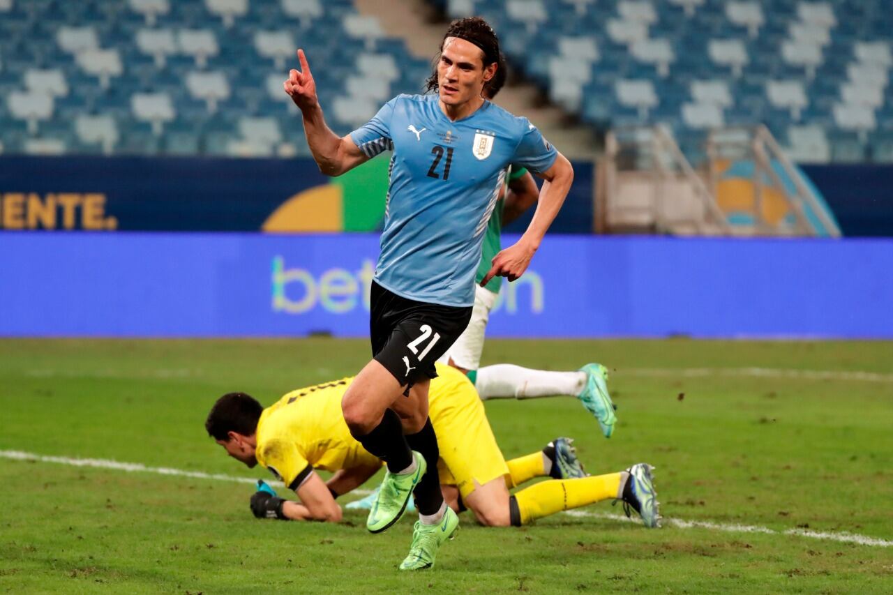 Cavani inicia el festejo del segundo gol de Uruguay