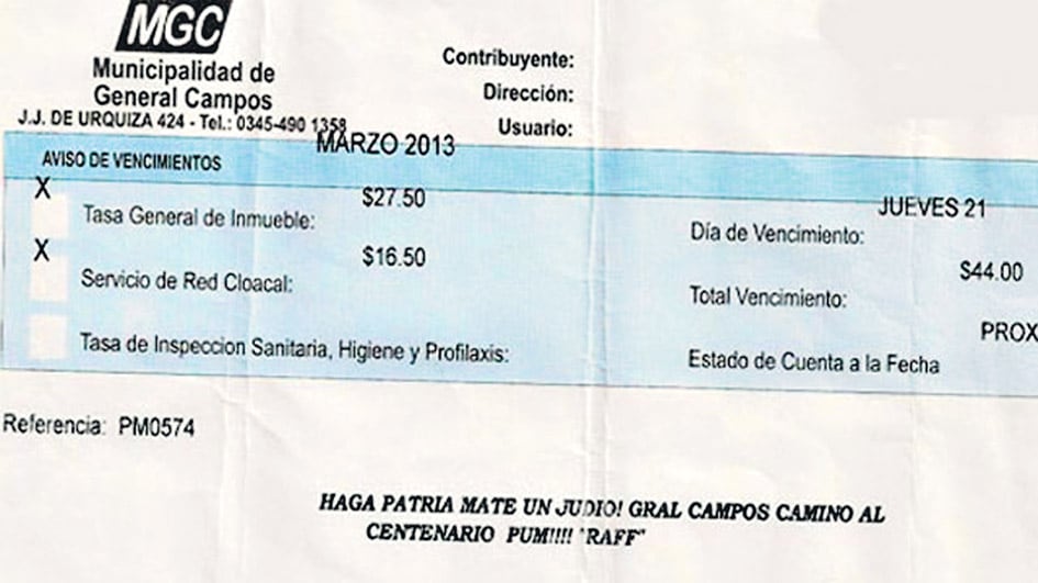La boleta del escándalo llegó a los vecinos en el año 2013.