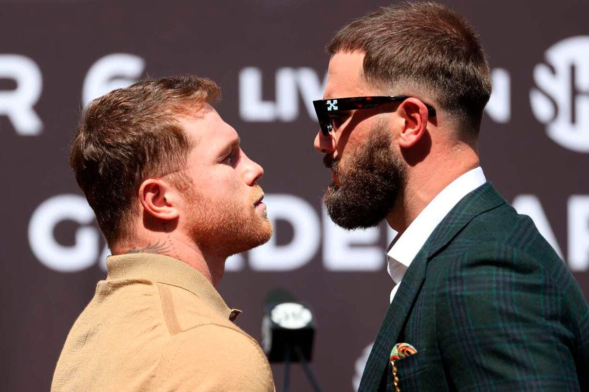 Canelo y Plant, durante la presentación de la pelea.