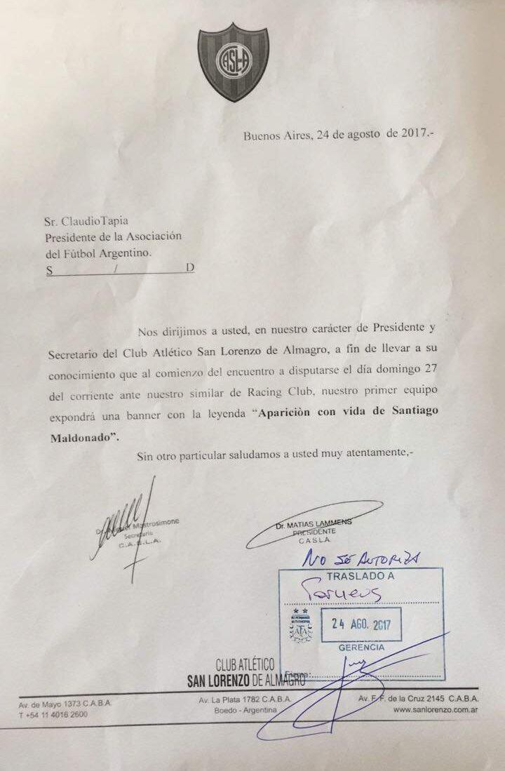 Fascímil de la carta que San Lorenzo envió a la AFA, en el sello se lee rechazo incial.