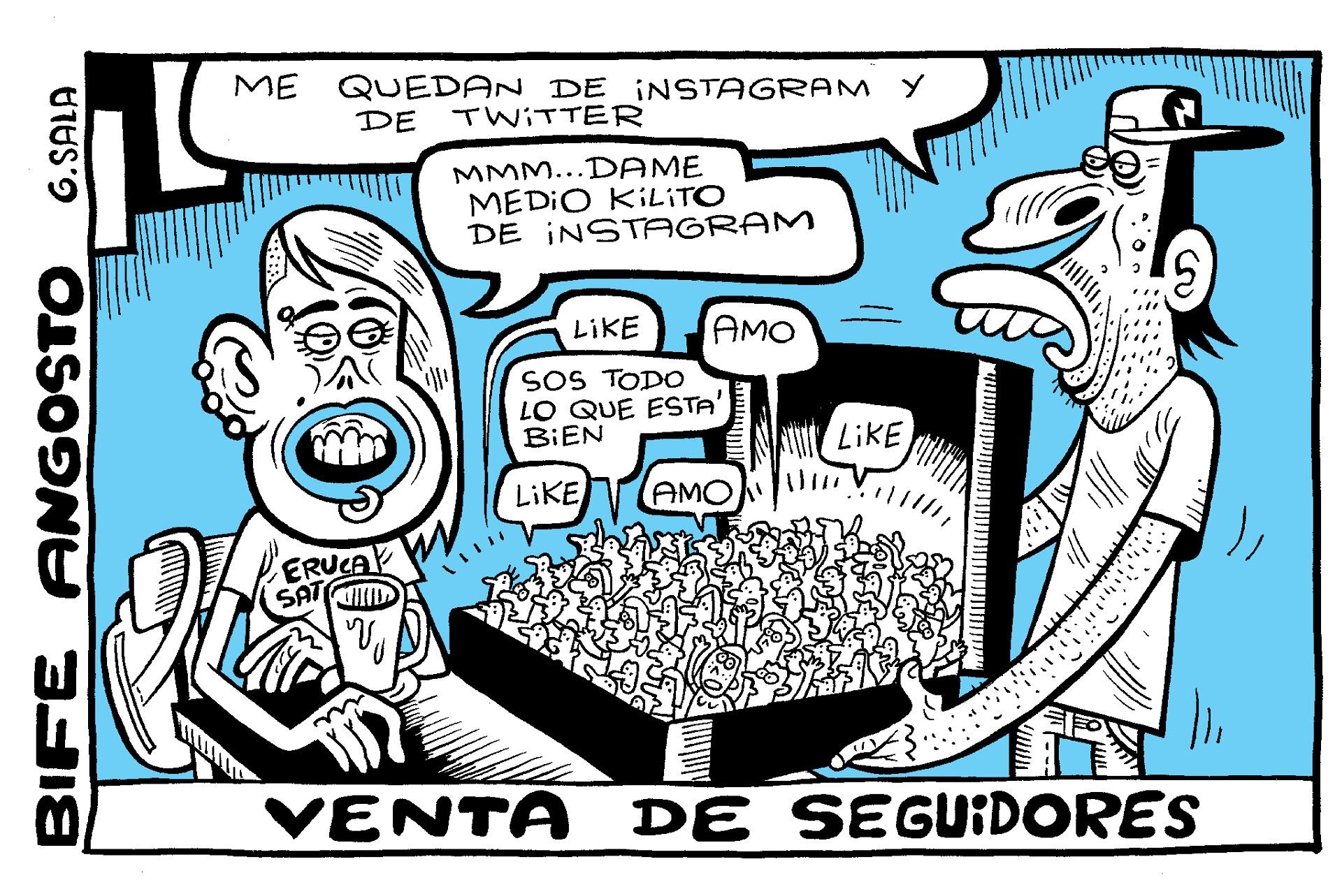 "Venta de seguidores" es la nueva entrega de Bife angosto, la tira semanal de humor gráfico del NO.