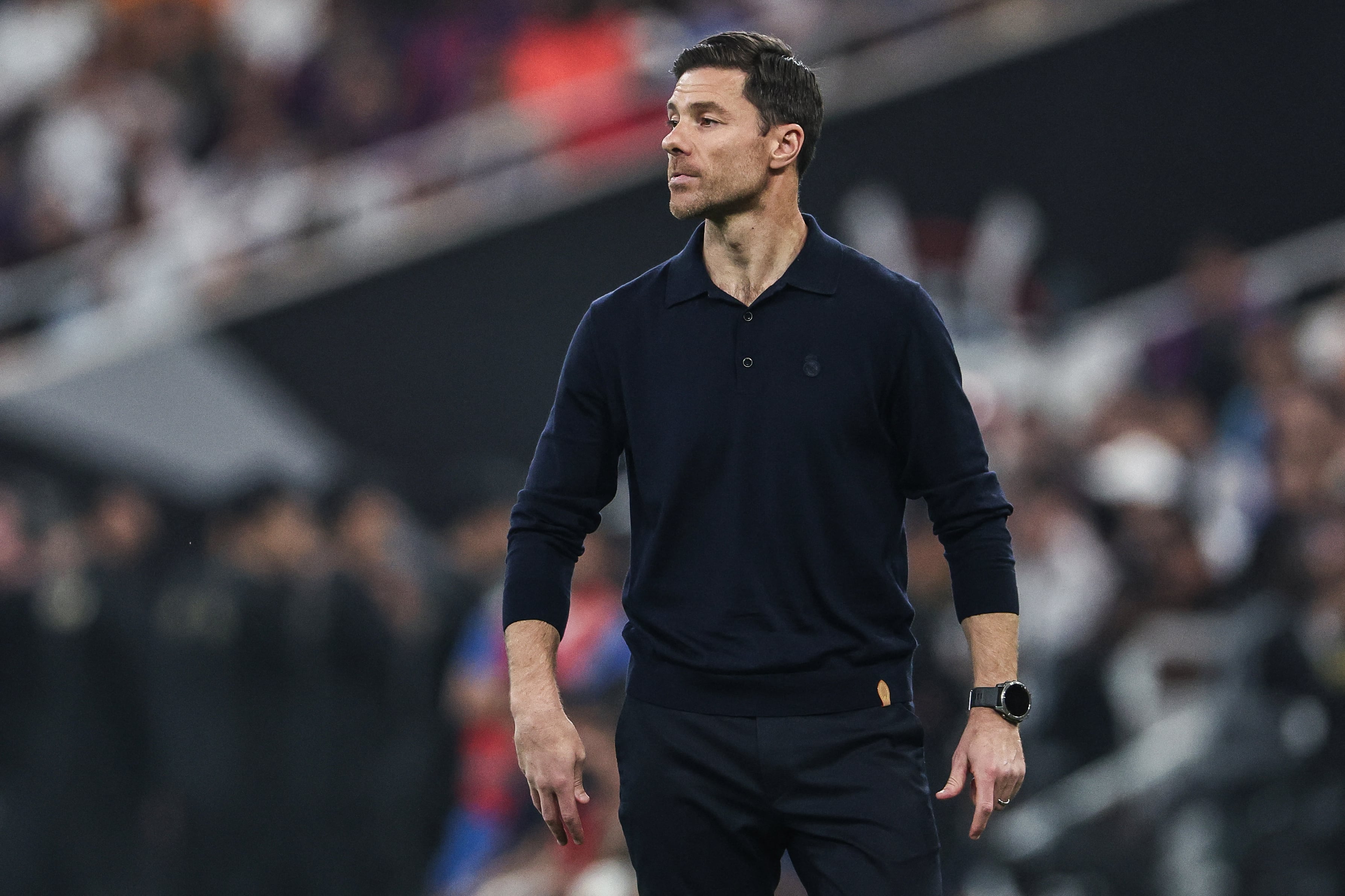 Real Madrid's Spanish coach Xabi Alonso reacts during the Spanish Super Cup final football match between FC Barcelona and Real Madrid at the King Abdullah Stadium in Jeddah on January 11, 2026. (Photo by Fadel SENNA / AFP)