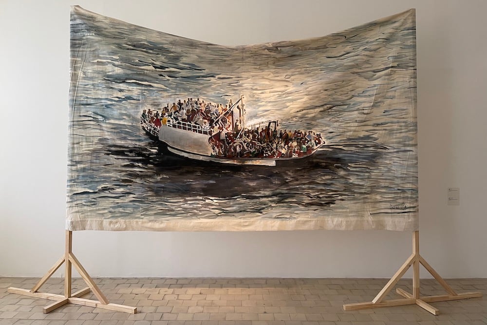 Pintura de Diana Dowek sobre migraciones. Abajo, otras dos pinturas de Dowek sobre el tema.