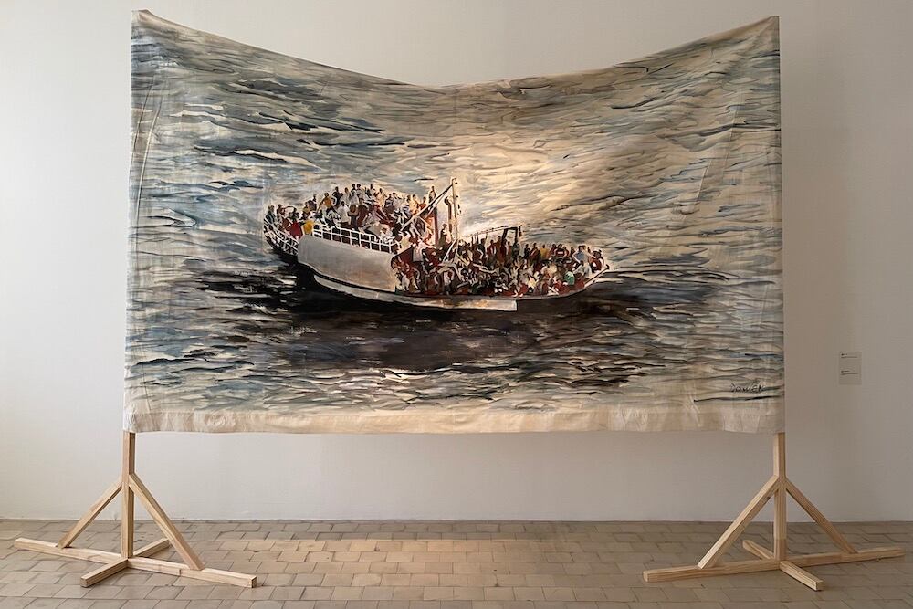 Pintura de Diana Dowek sobre migraciones. Abajo, otras dos pinturas de Dowek sobre el tema.