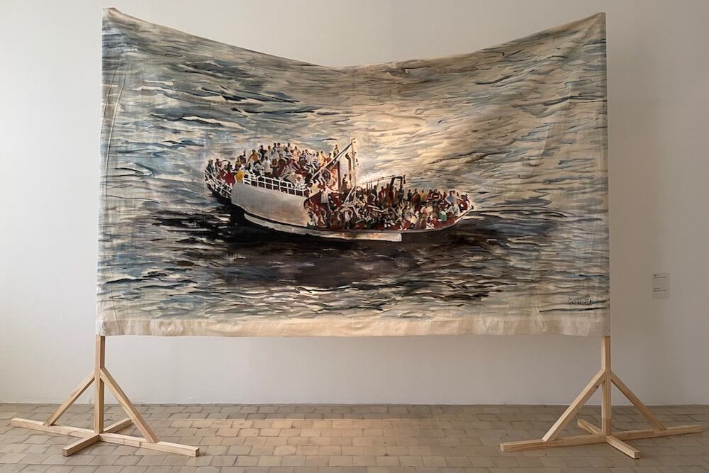 Pintura de Diana Dowek sobre migraciones. Abajo, otras dos pinturas de Dowek sobre el tema.